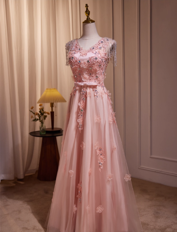 Vintage Pink Applique Beaded Prom Dress A-Line Evening Gown Sleeveless Party Dress Long Formal Dress DP6957