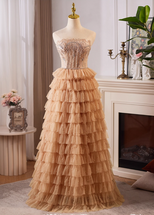 Robe de bal vintage champagne perlée, robe de soirée trapèze, sans bretelles, longue robe de soirée à volants, DP6958