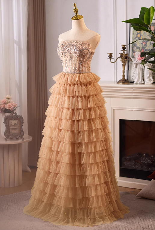 Robe de bal vintage champagne perlée, robe de soirée trapèze, sans bretelles, longue robe de soirée à volants, DP6958