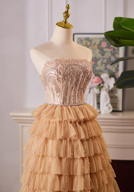 Robe de bal vintage champagne perlée, robe de soirée trapèze, sans bretelles, longue robe de soirée à volants, DP6958