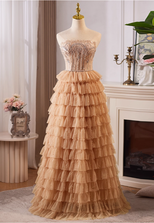 Robe de bal vintage champagne perlée, robe de soirée trapèze, sans bretelles, longue robe de soirée à volants, DP6958