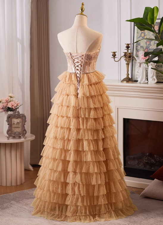 Robe de bal vintage champagne perlée, robe de soirée trapèze, sans bretelles, longue robe de soirée à volants, DP6958