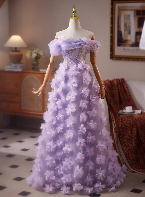 Robe de bal vintage lilas à fleurs 3D perlées, robe de soirée trapèze, épaules dénudées, longue robe de soirée formelle DP6959