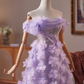 Robe de bal vintage lilas à fleurs 3D perlées, robe de soirée trapèze, épaules dénudées, longue robe de soirée formelle DP6959