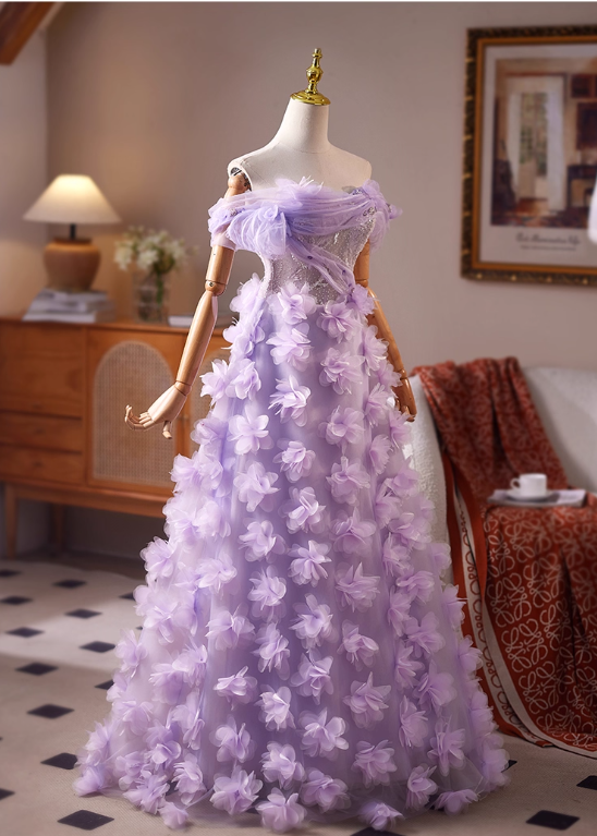 Robe de bal vintage lilas à fleurs 3D perlées, robe de soirée trapèze, épaules dénudées, longue robe de soirée formelle DP6959
