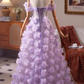 Robe de bal vintage lilas à fleurs 3D perlées, robe de soirée trapèze, épaules dénudées, longue robe de soirée formelle DP6959