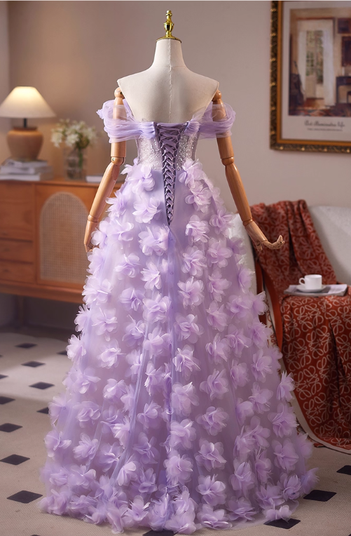 Robe de bal vintage lilas à fleurs 3D perlées, robe de soirée trapèze, épaules dénudées, longue robe de soirée formelle DP6959