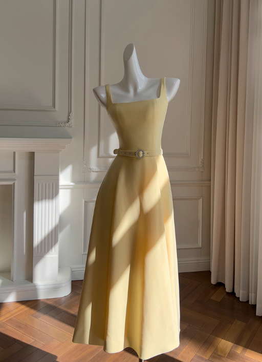 Robe de bal trapèze vintage, robe de soirée simple avec ceinture, longueur thé, robe de soirée formelle DP6960