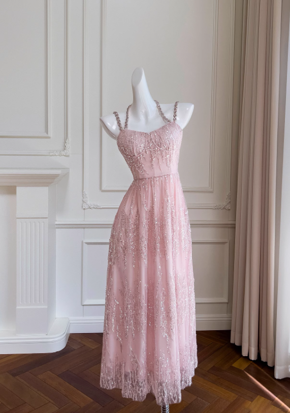 Vintage Pink Sheath Prom Dress Glittering Sequin Evening Gown Party Dress Long Formal Dress DP6962