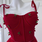 Vintage Red Cherry Applique Prom Dress A-Line Evening Gown Party Dress Spaghetti Strap Formal Dress DP6963