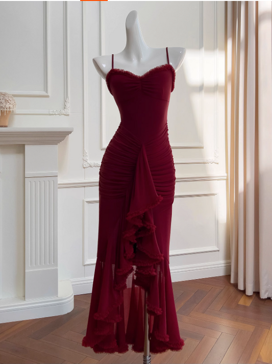 Vintage Burgundy Sweetheart Prom Dress Sheath Evening Gown Party Dress Spaghetti Strap Formal Dress DP6964