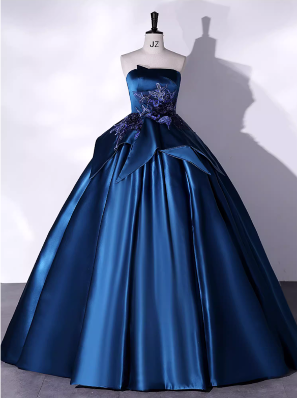 Elegant Royal Blue Applique Quinceanera A-Line Strapless Evening Dress Long Ball Gown DP6965