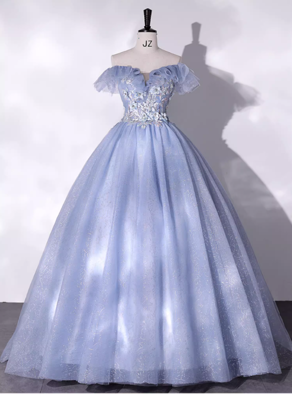 Elegant Hazy Blue Applique Quinceanera A-Line Off-the-shoulder Evening Dress Long Ball Gown DP6966