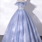 Elegant Hazy Blue Applique Quinceanera A-Line Off-the-shoulder Evening Dress Long Ball Gown DP6966
