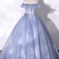 Elegant Hazy Blue Applique Quinceanera A-Line Off-the-shoulder Evening Dress Long Ball Gown DP6966