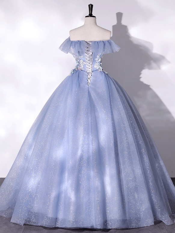 Elegant Hazy Blue Applique Quinceanera A-Line Off-the-shoulder Evening Dress Long Ball Gown DP6966