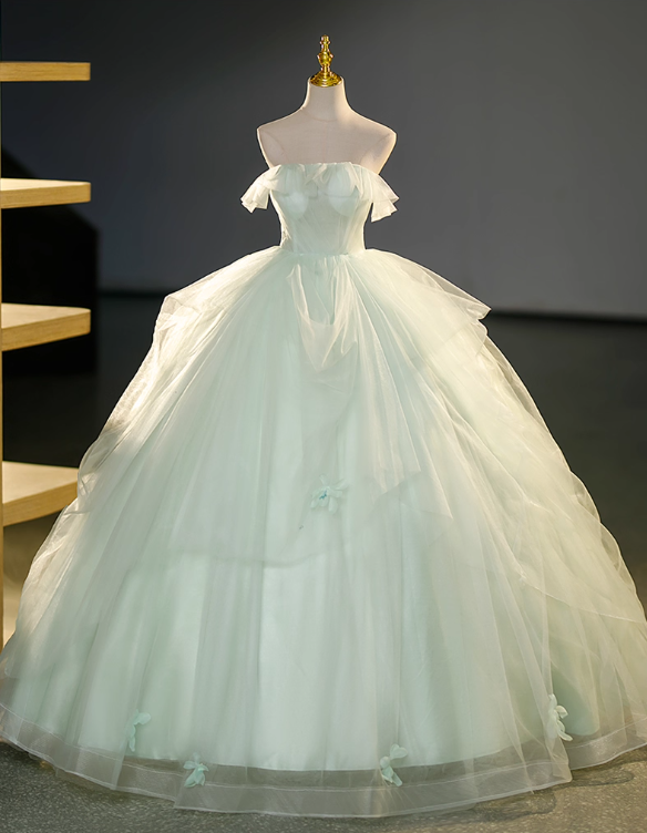 Elegant Light Green Applique Quinceanera Tulle A-Line Strapless Evening Dress Long Ball Gown DP6967