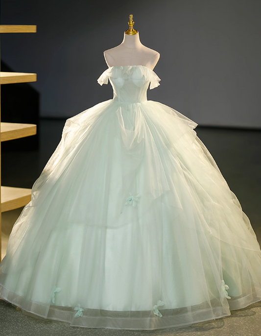 Elegantes hellgrünes Applikationen-Quinceanera-Tüll-Abendkleid im A-Linien-Schnitt, trägerlos, langes Ballkleid DP6967