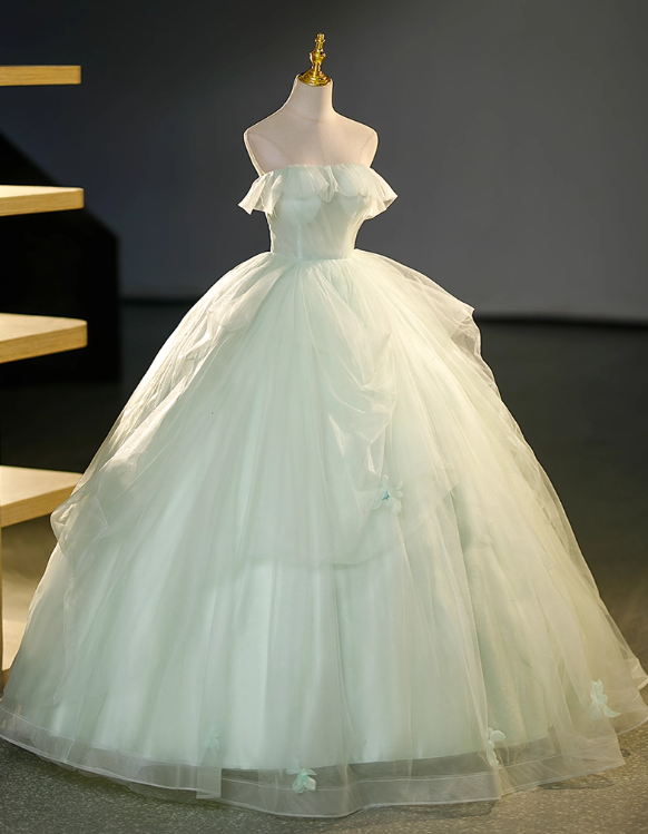 Elegant Light Green Applique Quinceanera Tulle A-Line Strapless Evening Dress Long Ball Gown DP6967