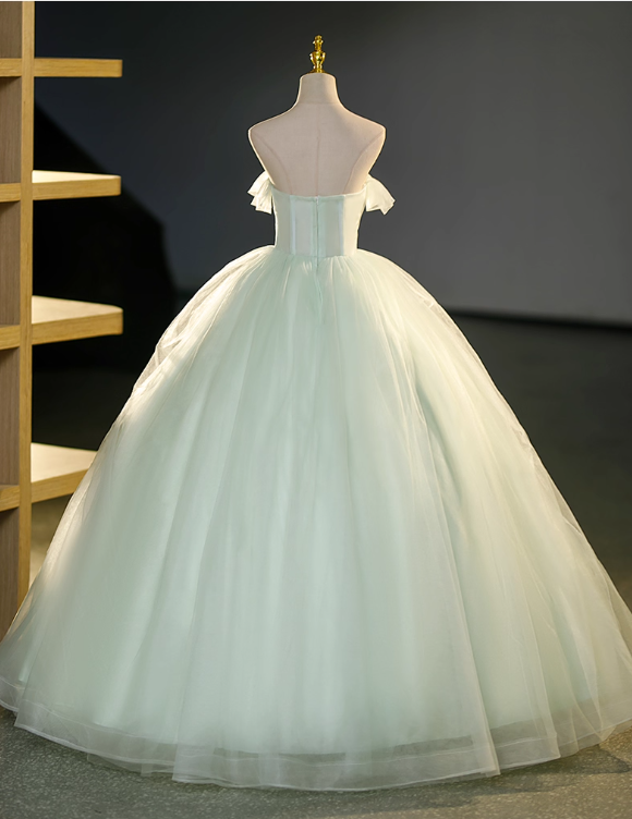Elegant Light Green Applique Quinceanera Tulle A-Line Strapless Evening Dress Long Ball Gown DP6967