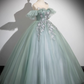 Elegant Sage Green Applique Quinceanera Tulle Off-the-shoulder Evening Dress Long Ball Gown DP6968