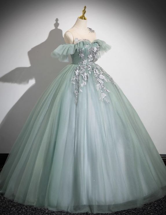 Elegant Sage Green Applique Quinceanera Tulle Off-the-shoulder Evening Dress Long Ball Gown DP6968