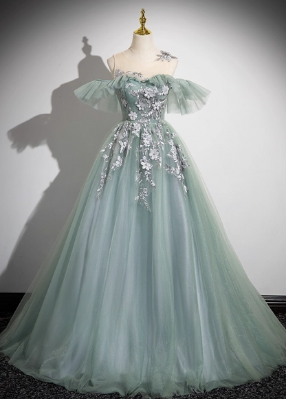 Elegant Sage Green Applique Quinceanera Tulle Off-the-shoulder Evening Dress Long Ball Gown DP6968