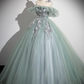 Elegant Sage Green Applique Quinceanera Tulle Off-the-shoulder Evening Dress Long Ball Gown DP6968