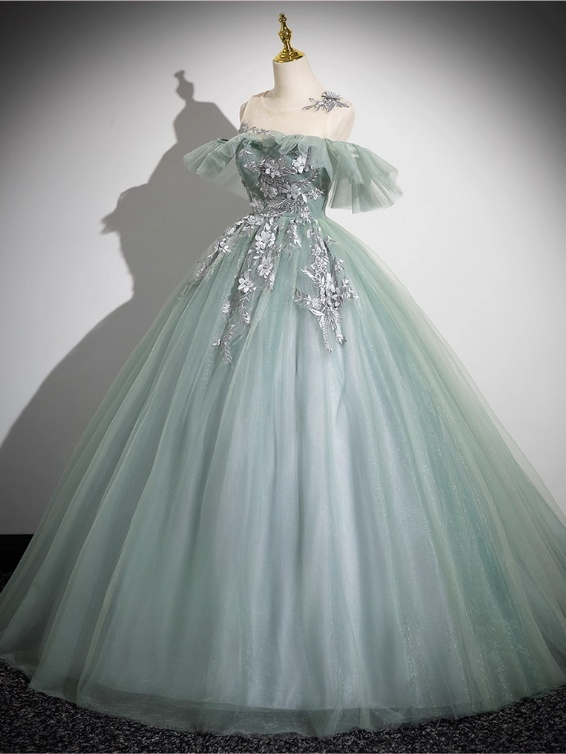 Elegant Sage Green Applique Quinceanera Tulle Off-the-shoulder Evening Dress Long Ball Gown DP6968
