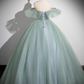 Elegant Sage Green Applique Quinceanera Tulle Off-the-shoulder Evening Dress Long Ball Gown DP6968