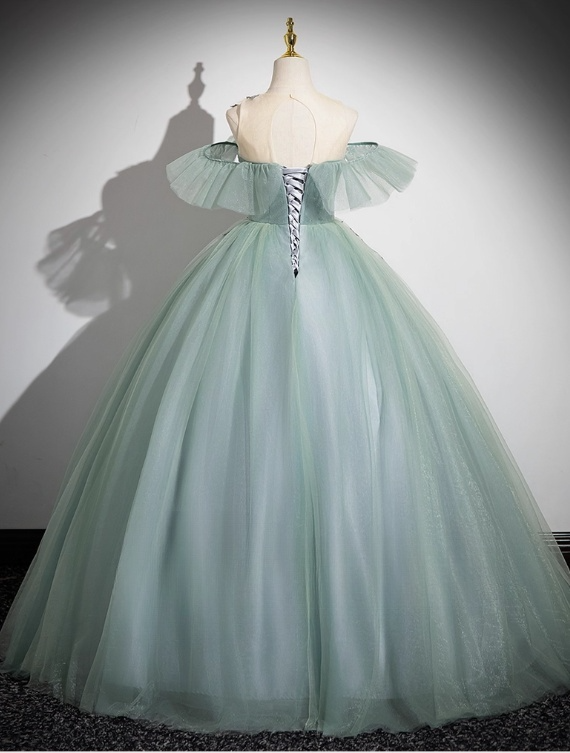 Elegant Sage Green Applique Quinceanera Tulle Off-the-shoulder Evening Dress Long Ball Gown DP6968