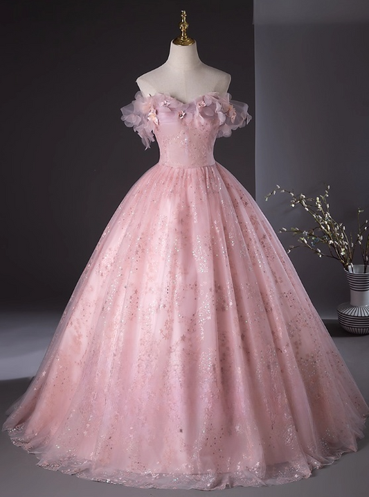 Elegant Pink Sequin Applique Quinceanera Tulle Off-the-shoulder Sweetheart Evening Dress Long Ball Gown DP6969