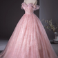 Elegant Pink Sequin Applique Quinceanera Tulle Off-the-shoulder Sweetheart Evening Dress Long Ball Gown DP6969