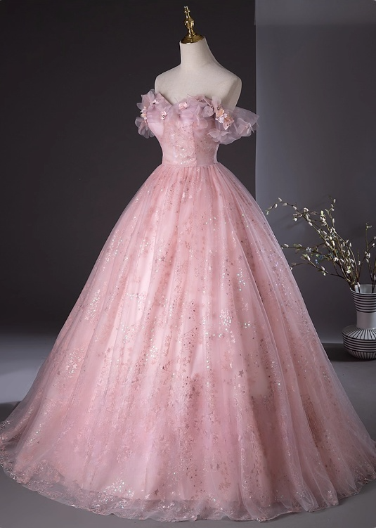 Elegant Pink Sequin Applique Quinceanera Tulle Off-the-shoulder Sweetheart Evening Dress Long Ball Gown DP6969
