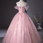 Elegant Pink Sequin Applique Quinceanera Tulle Off-the-shoulder Sweetheart Evening Dress Long Ball Gown DP6969