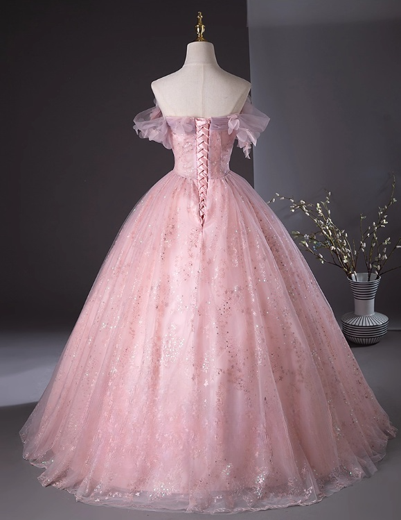 Elegant Pink Sequin Applique Quinceanera Tulle Off-the-shoulder Sweetheart Evening Dress Long Ball Gown DP6969