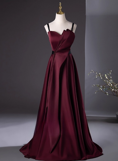 Robe de bal vintage en satin bordeaux, robe de soirée, robe de fête, robe formelle à bretelles spaghetti, DP6970