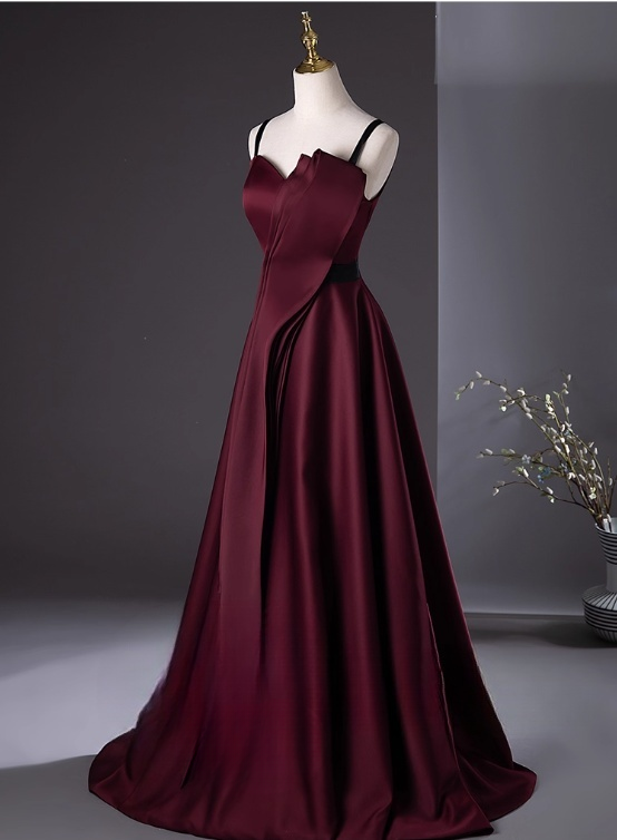 Robe de bal vintage en satin bordeaux, robe de soirée, robe de fête, robe formelle à bretelles spaghetti, DP6970