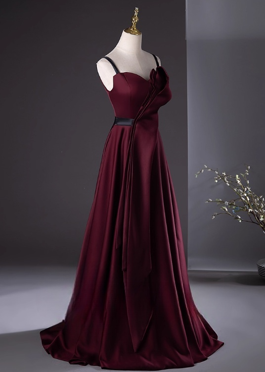 Robe de bal vintage en satin bordeaux, robe de soirée, robe de fête, robe formelle à bretelles spaghetti, DP6970
