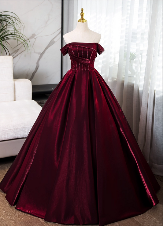 Elegant Burgundy Satin A-Line Quinceanera Off-the-shoulder Evening Dress Long Ball Gown DP6971