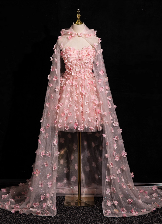 Vintage Pink 3D Flowers Strapless A-Line Tulle Cloak Design Homecoming Dress Party Dress Short Cocktail Dress DP6972