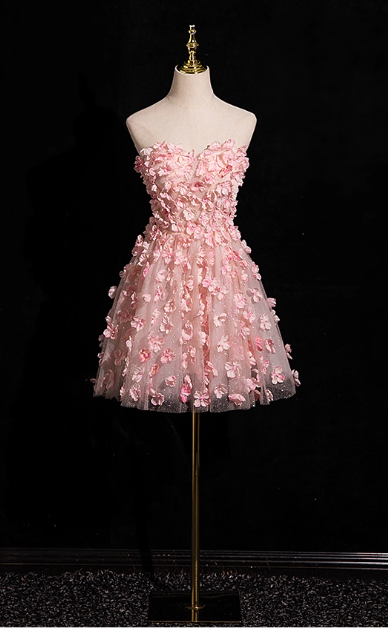 Vintage Pink 3D Flowers Strapless A-Line Tulle Cloak Design Homecoming Dress Party Dress Short Cocktail Dress DP6972