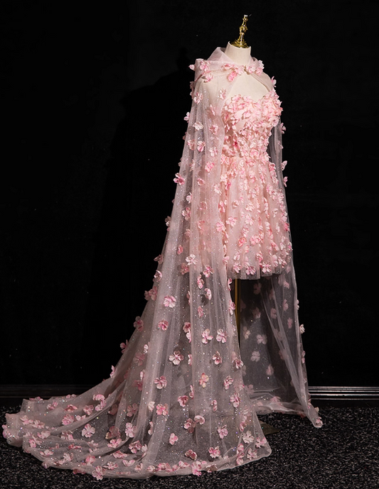 Vintage Pink 3D Flowers Strapless A-Line Tulle Cloak Design Homecoming Dress Party Dress Short Cocktail Dress DP6972