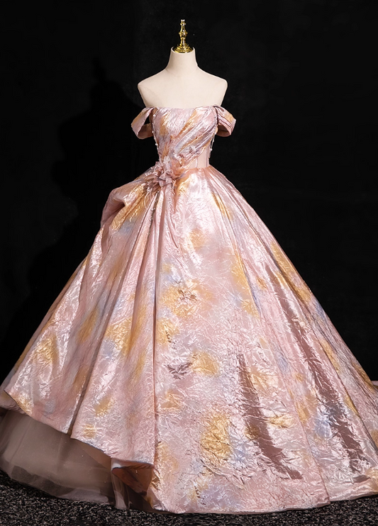 Elegant Pink Satin A-Line Quinceanera Off-the-shoulder Evening Dress Long Ball Gown DP6973