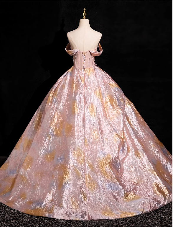 Elegante robe de soirée longue, style bal, en satin rose, ligne A, épaules dénudées, pour quincenera, DP6973