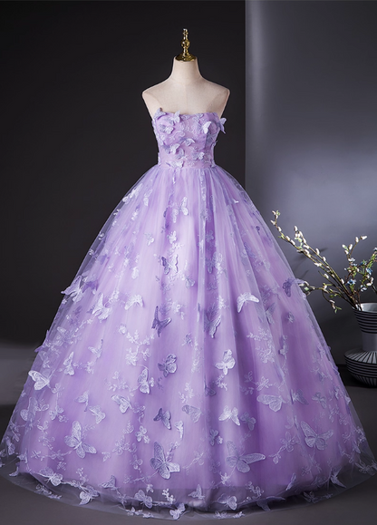 Elegant Lilac Tulle A-Line Quinceanera Butterflies Applique Strapless Evening Dress Long Ball Gown DP6974