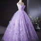 Elegant Lilac Tulle A-Line Quinceanera Butterflies Applique Strapless Evening Dress Long Ball Gown DP6974