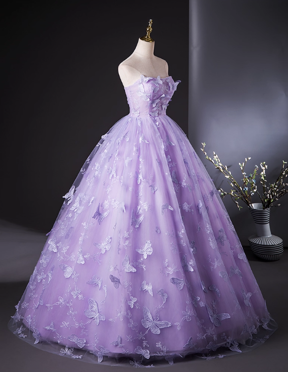 Elegant Lilac Tulle A-Line Quinceanera Butterflies Applique Strapless Evening Dress Long Ball Gown DP6974