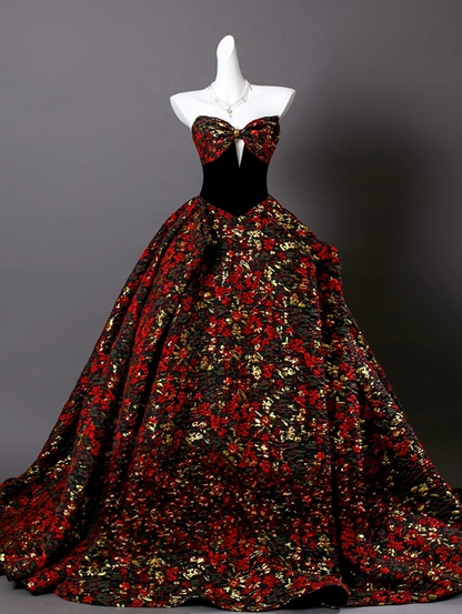 Vintage Floral A-Line Sweetheart Quinceanera Strapless Evening Dress Long Ball Gown DP6975