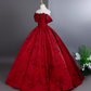 Vintage Red Retro Floral Print A-Line Quinceanera Off-the-shoulder Evening Dress Long Ball Gown DP6976